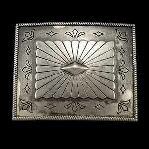 Belt Buckle Western Sunburst Vintage Silver Tone Rectangular Engraved